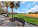 Wide open community ball field with green grass, sidewalk, benches and palm trees in the background at 3622 Wiregrass Rd, New Port Richey, FL 34655