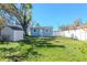 The backyard features a lush green lawn, a shed, and a white fence for privacy at 7015 N Dakota Ave, Tampa, FL 33604