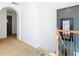 Upper level hallway has carpet, with a stylish gray accent wall and a dark framed mirror at 8264 Dunham Station Dr, Tampa, FL 33647