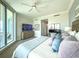 Comfortable main bedroom featuring neutral tones, balcony access, and a ceiling fan for a relaxing space at 130 Riviera Dunes Way # 606, Palmetto, FL 34221