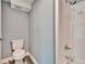 Bathroom features a gray accent wall, toilet, and shower with updated hardware and shower head at 39809 Pretty Pond Rd, Zephyrhills, FL 33540