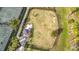 Aerial view of the fenced-in dog park, featuring shade structure, walking path, and play stations at 15434 Santa Pola Dr, Wimauma, FL 33598