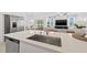 Modern kitchen island with sink, stainless steel dishwasher and refrigerator, with view to living room at 21181 Threadfin Way, Land O Lakes, FL 34638