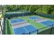 Aerial view of multiple blue and green pickleball courts surrounded by fencing and trees at 29500 Blackwolf Run Loop, San Antonio, FL 33576