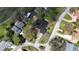 An aerial view of a charming single-Gathering home with a large backyard and a long driveway at 5144 Pine Tree Ln, Wesley Chapel, FL 33543