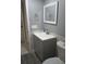 Bathroom featuring a gray vanity, updated fixtures, and neutral decor at 2630 Pearce Dr # 103, Clearwater, FL 33764