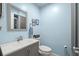 Cozy bathroom featuring a gray vanity with a white sink, modern fixtures, and soothing blue walls at 2757 Countryside Blvd # 103, Clearwater, FL 33761