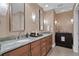Spacious bathroom featuring double sinks with granite countertops, decorative lighting, and a shower at 450 Knights Run Ave # 1704, Tampa, FL 33602