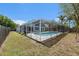 Backyard view featuring a screened-in pool, well-maintained lawn, and beautiful landscaping at 8941 Southbay Dr, Tampa, FL 33615