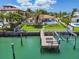 Aerial view showcases the backyard pool, outdoor living, and private dock on the waterfront property at 205 Harrison Ave, Belleair Beach, FL 33786