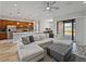 Open-concept living area features modern furniture, a ceiling fan, and a view into the kitchen and backyard at 4043 Salida Del Sol Dr, Sun City Center, FL 33573