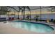Beautiful screened-in pool with rock features, fountains, and manicured tropical landscaping at 8436 White Poplar Dr, Riverview, FL 33578