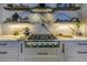 Modern gourmet kitchen featuring stainless steel appliances, stone backsplash and floating wood shelves at 201 Punta Vista Dr, St Pete Beach, FL 33706