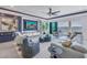 Bright living room with a cozy fireplace, plush seating, and scenic waterfront views at 201 Punta Vista Dr, St Pete Beach, FL 33706