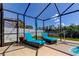 Comfortable seating on the lanai next to the pool offers a relaxing outdoor space at 7034 Southwind Dr, Hudson, FL 34667