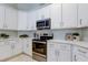 Charming kitchen featuring white cabinets, stainless steel appliances, and decorative backsplash at 10614 Chambers Dr, Tampa, FL 33626