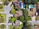 Birds eye view of a home with beautiful backyard landscaping, mature trees, and close proximity to neighborhood pools at 1514 River Ct, Tarpon Springs, FL 34689