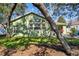 Exterior back view shows lush green lawn, treed perimeter, and covered lanai with seating at 1514 River Ct, Tarpon Springs, FL 34689