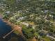 A picturesque aerial of the waterfront community featuring lush trees, private docks, and sparkling blue water at 411 Kentucky Ave, Crystal Beach, FL 34681