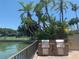 A grilling area by a lake is framed by palms and lush greenery at 10355 Paradise Blvd # 909, Treasure Island, FL 33706