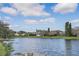 Serene backyard pond view showcasing the water feature, surrounding greenery, and neighboring homes in the community at 2981 Northfield Dr, Tarpon Springs, FL 34688