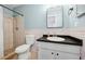 Bathroom featuring a shower, toilet, and a vanity sink with blue walls at 4407 Parnell Dr, Sarasota, FL 34232