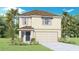 Inviting two-story home featuring a neutral color scheme, a two-car garage, and tropical landscaping at 5243 Salt Marsh Rd, Wimauma, FL 33598