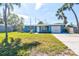Charming single-story home with blue exterior, manicured lawn, driveway, and lush palm trees at 5600 Bay Ne St, St Petersburg, FL 33703