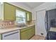 A kitchen features light green cabinets, a stainless-steel sink, and neutral backsplash at 5600 Bay Ne St, St Petersburg, FL 33703