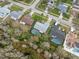 A neighborhood aerial view with mature trees, showcasing fenced in backyards and swimming pools at 15306 Winterwind Dr, Tampa, FL 33624