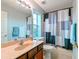 Bathroom features a single vanity and tub shower with black and white curtain at 20330 Natures Corner Dr, Tampa, FL 33647