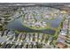 Overhead view of homes nestled along community lakes, showcasing a serene and picturesque neighborhood setting at 29011 Trevi Pl, Wesley Chapel, FL 33543