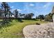 Large backyard with green grass, mature trees, and a brick fire pit at 410 Manns Harbor Dr, Apollo Beach, FL 33572