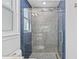 This tiled shower features a rainfall shower head, built-in niche, and seamless glass door at 5204 Avenue La Crosse, Lutz, FL 33558