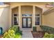 Elegant front entrance with double doors flanked by sidelight windows, showcasing a welcoming and bright entryway at 1213 Halifax Ct, Tarpon Springs, FL 34688