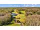 Aerial view of a golf course with a pond and treelined fairways at 1213 Halifax Ct, Tarpon Springs, FL 34688