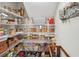 Organized walk-in pantry with wire shelving filled with groceries and storage containers at 16407 Frehley Run, Land O Lakes, FL 34638