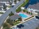 A top-down view featuring a community pool, clubhouse, and surrounding residences, ideal for relaxation at 1986 Lake Ridge Blvd, Clearwater, FL 33763