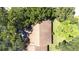 Aerial view of roof with skylights surrounded by mature trees and manicured lawns at 2201 Pine Dr, Tarpon Springs, FL 34689