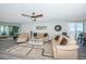 Comfortable living room featuring neutral tones, stylish furnishings, and a view through sliding glass doors at 6500 Sunset Way # 501, St Pete Beach, FL 33706