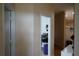 A beige hallway looking into another room with a dark purple suitcase and white shelving unit at 19432 Haskell Pl, Land O Lakes, FL 34638