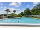 Community swimming pool featuring clear blue water and ample seating under the palm trees at 211 Somerset Cirle N, Dunedin, FL 34698