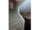 Carpeted staircase leading to the open-concept living area with wood-look flooring at 4224 Winding River Way, Land O Lakes, FL 34639