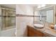 Well-lit bathroom features tile walls with decorative backsplash, shower with glass door, vessel sink, and granite countertop at 5950 Pelican Bay S Plz # Ph-2F, Gulfport, FL 33707