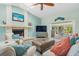 Stylish living room featuring a stone fireplace, comfortable seating, and access to the patio at 725 Monte Cristo Blvd, Tierra Verde, FL 33715
