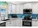 Modern kitchen with white cabinets, stainless steel appliances, and vibrant blue backsplash at 5202 Beach Se Dr # C, St Petersburg, FL 33705