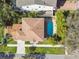 Overhead view showcasing a private backyard pool, lush landscaping, and a well-maintained roof at 3900 W Platt St, Tampa, FL 33609