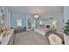 Charming blue bedroom with a decorative chandelier, plush furnishings, and natural light at 47 Adalia Ave, Tampa, FL 33606