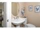 Well-lit powder room featuring a pedestal sink and decorative wall art at 6411 Mayra Shores Ln, Apollo Beach, FL 33572
