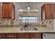 A detailed view of the kitchen sink, granite countertops, and wood cabinetry at 5325 Sandy Shell Dr, Apollo Beach, FL 33572